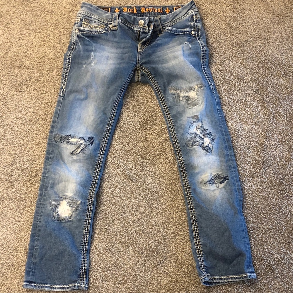 Rock Revival Women’s Slim Jeans in Blue with Distressed Details